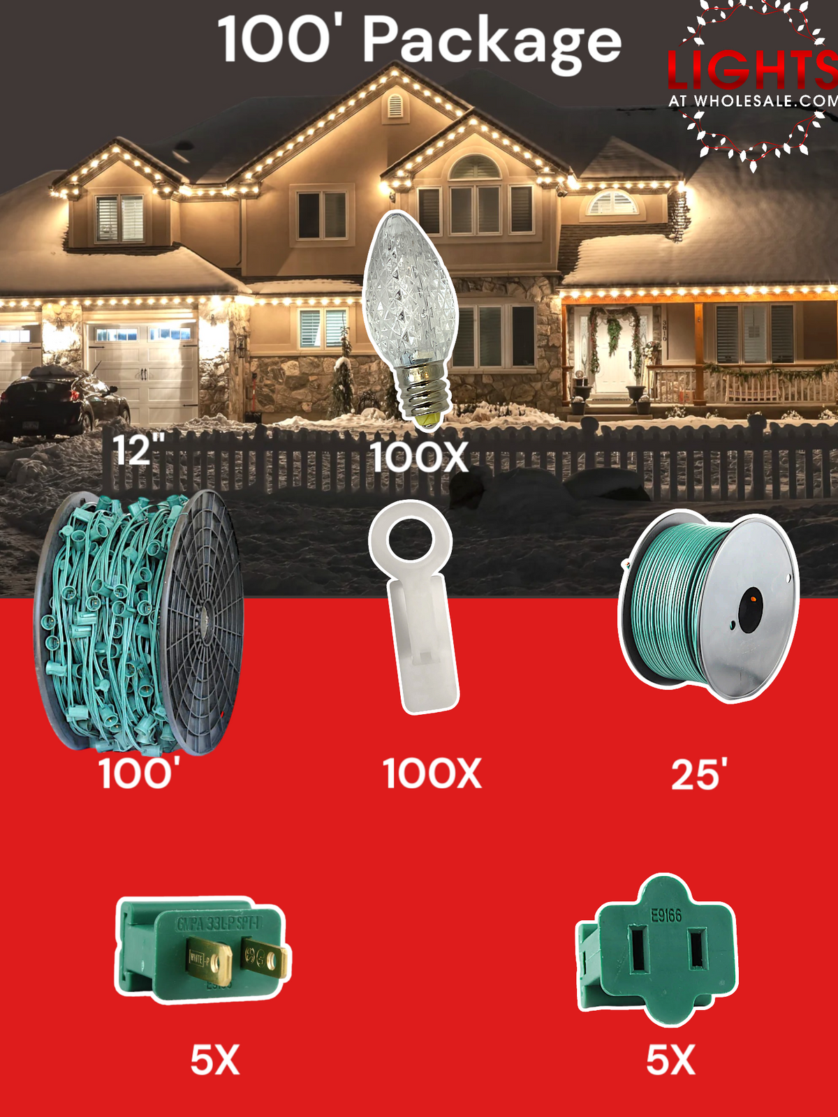 C7 LED 100' Pro Christmas Light Package - 12" Spacing