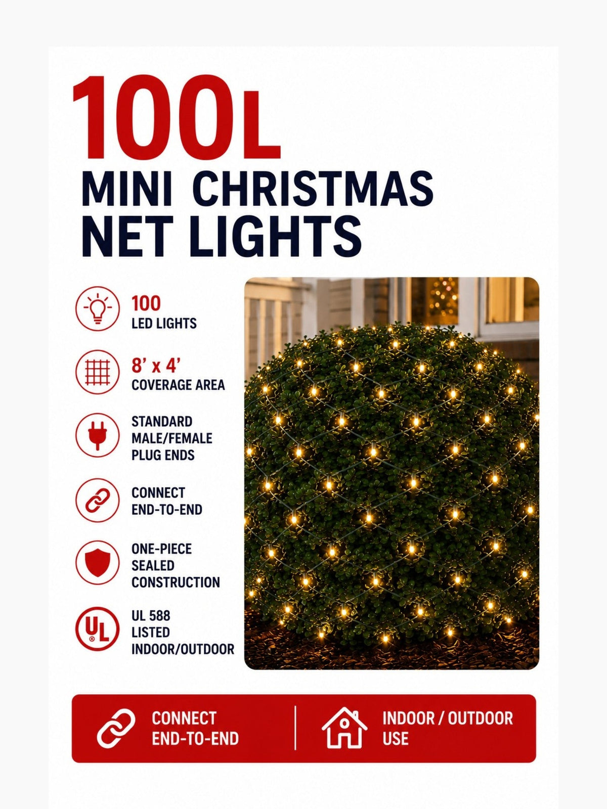 100L Mini Christmas Net Lights/Green Wire
